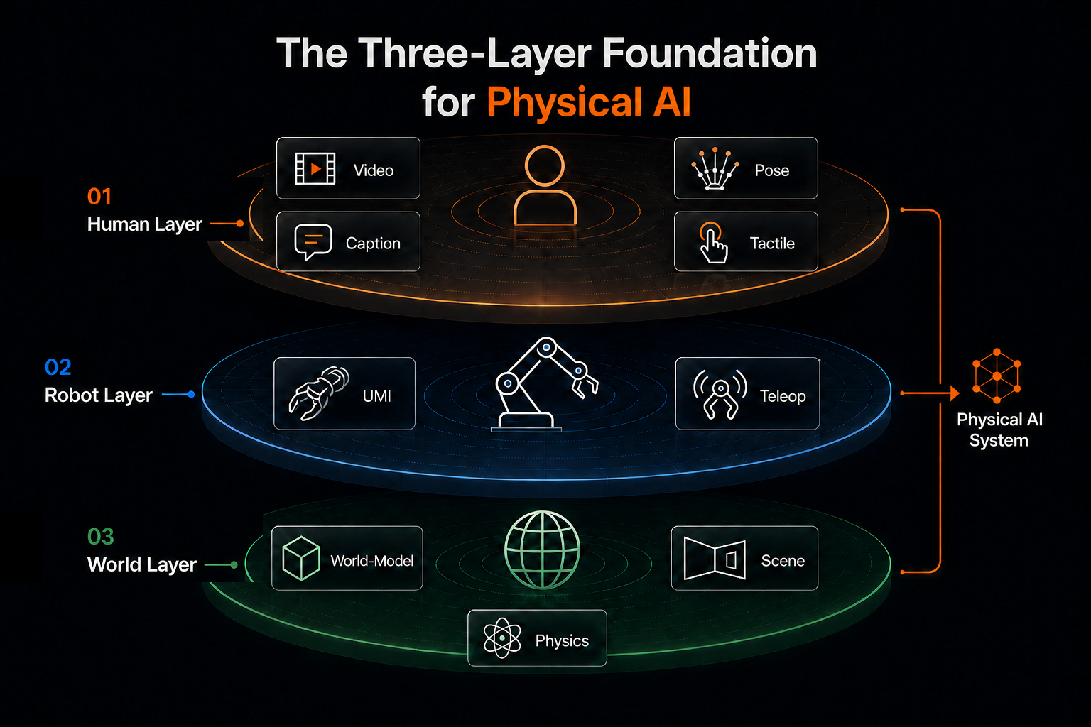 The Three-Layer Foundation for Physical AI: Human Layer, Robot Layer, and World Layer flowing into a Physical AI System.